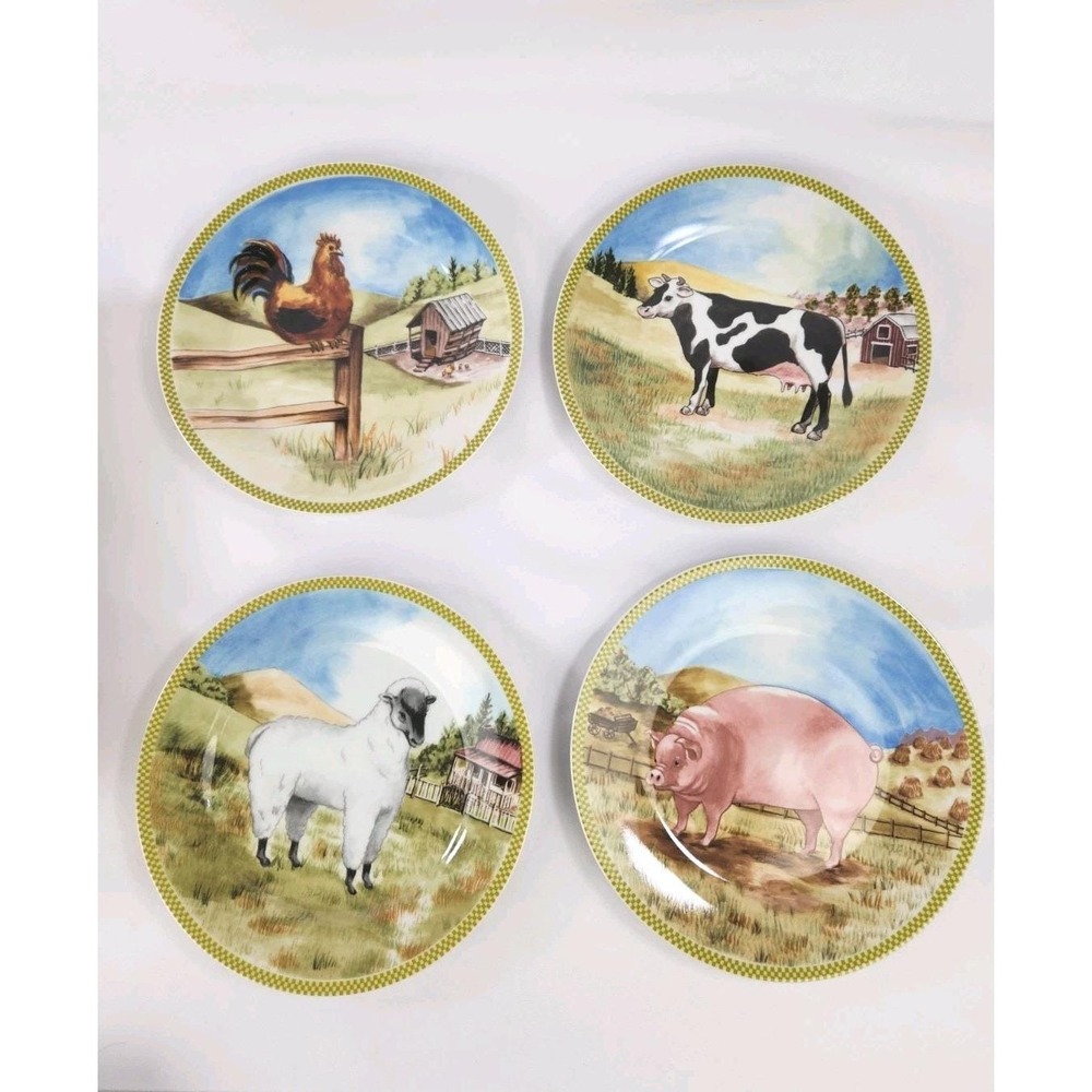 American Atelier 8" Plates McDonald set 4 Cottagecore Farmhouse Pig Cow Lamb Vtg